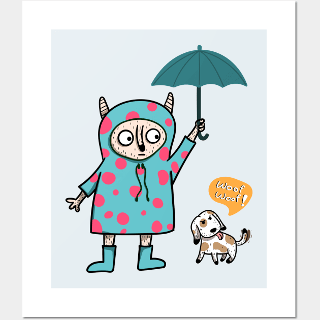 cute-looking monster is holding an umbrella for the dog in the outdoor while heavy rain Wall Art by Saudung